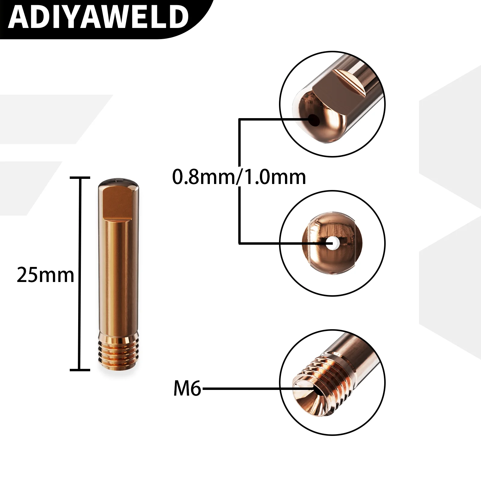 Imagem -02 - Tocha de Solda Adiyaweld Bocal Mig Ponta de Contato Bico de Gás Mb15ak 14ak m6 x 25 mm Mig 08 mm 10 mm 20 Pcs 40 Pcs