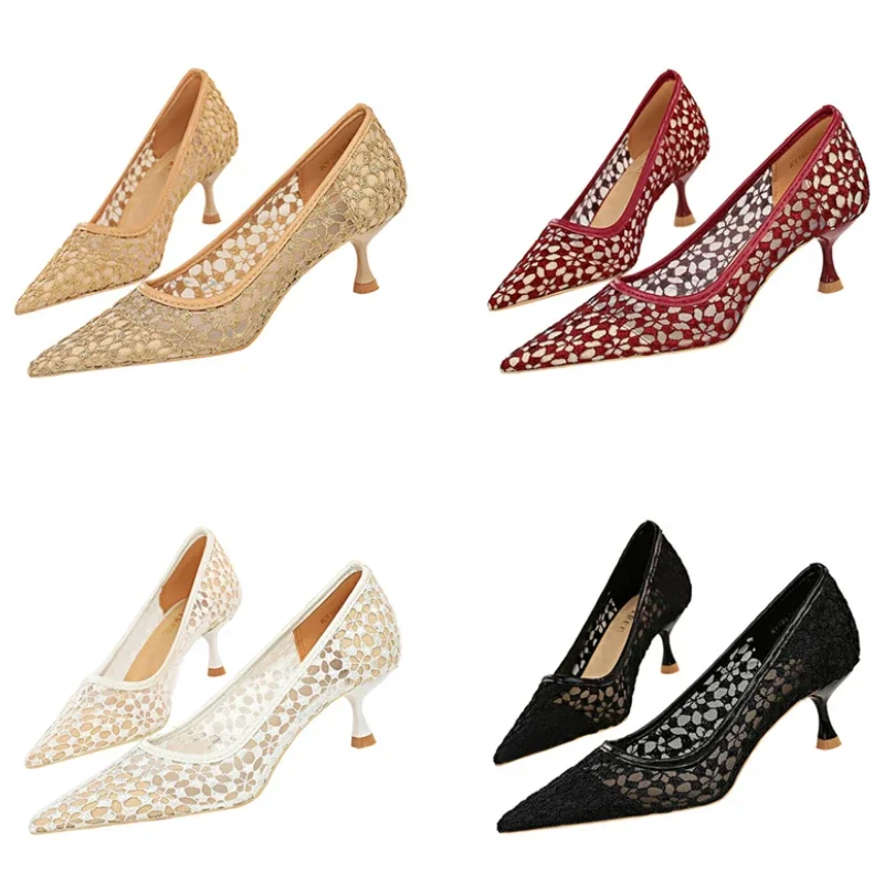 Women Comfortable 5.5cm Middle Heels Mesh Lace Party Pumps Female Daily Office Kitten Low Heels Sexy Banquet Hollow Design Shoes