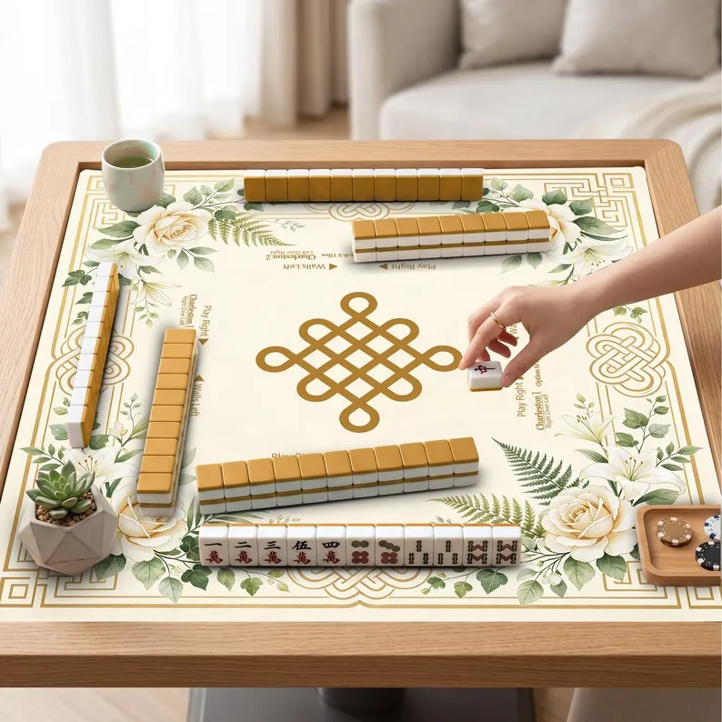 Light Luxury White Rose Chinese Knot Mahjong Mat Non Slip Washable Noise Reduction Square Pad For American Mahjong Home Party