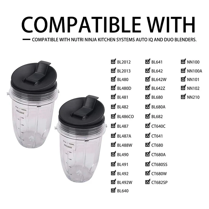 New 2 Pcs 18Oz Replacement Ninja Blender Cups with Lid for Ninja Auto IQ BL480 BL642 BL450 BL682 BL480, BL490, BL640 BL680