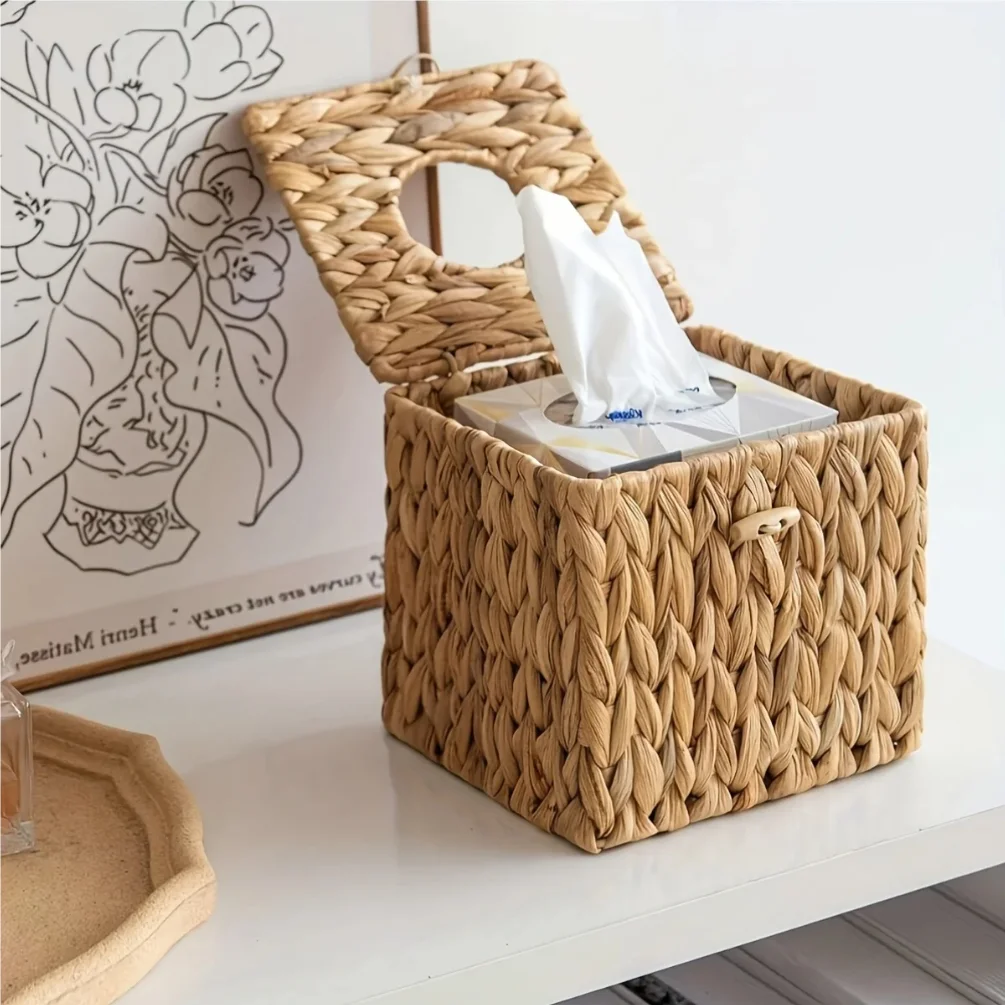 

Woven Tissue Box with Lid! Natural fiber, snap - closure, multi - scene use, storage & decor all - in - one