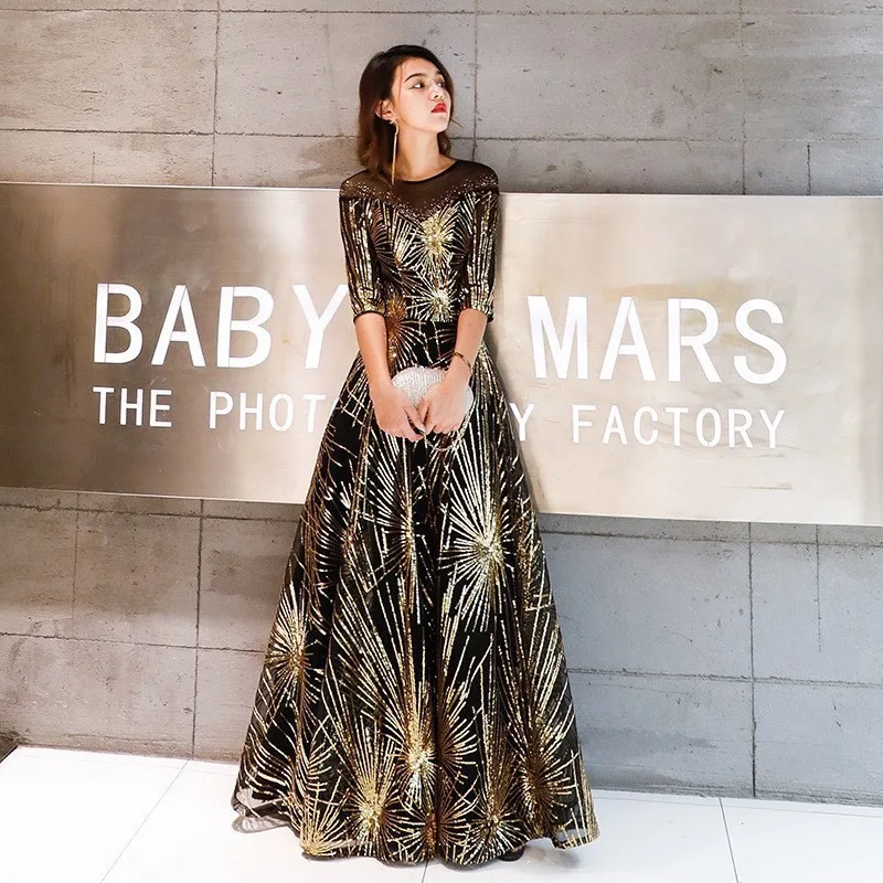 The new atmospheric evening dress female socialite temperament banquet atmosphere Queen gold sequin annual party costume