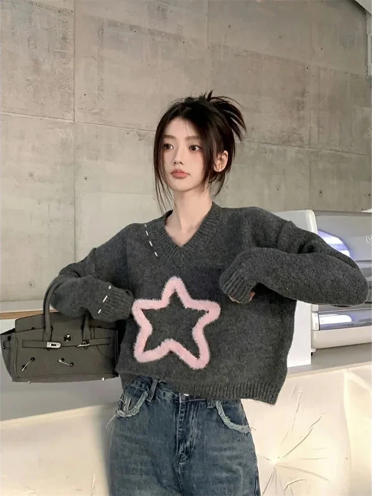 American Vintage Streetwear Crop Knit Sweater V Neck Jumpers Harajuku 3D Star Print Casual Women Hottie Long Sleeve Pullovers