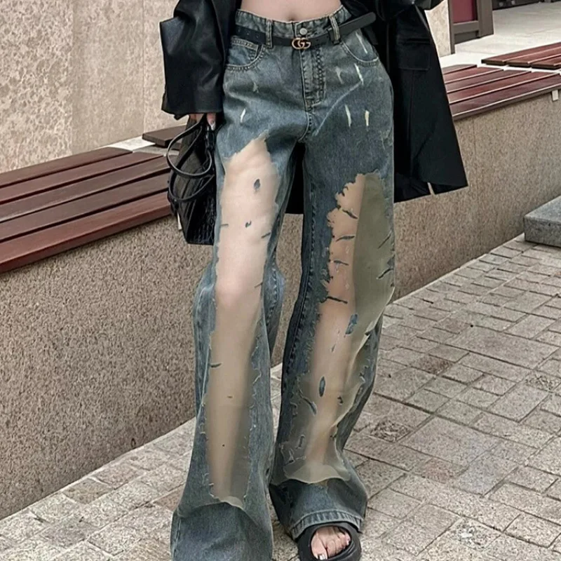 

Jeans Women Wide Leg Pants Denim Floor Length Pant Hollow Out Hole High Waist Straight Trousers Y2k Streetwear Elegant Mom Jeans