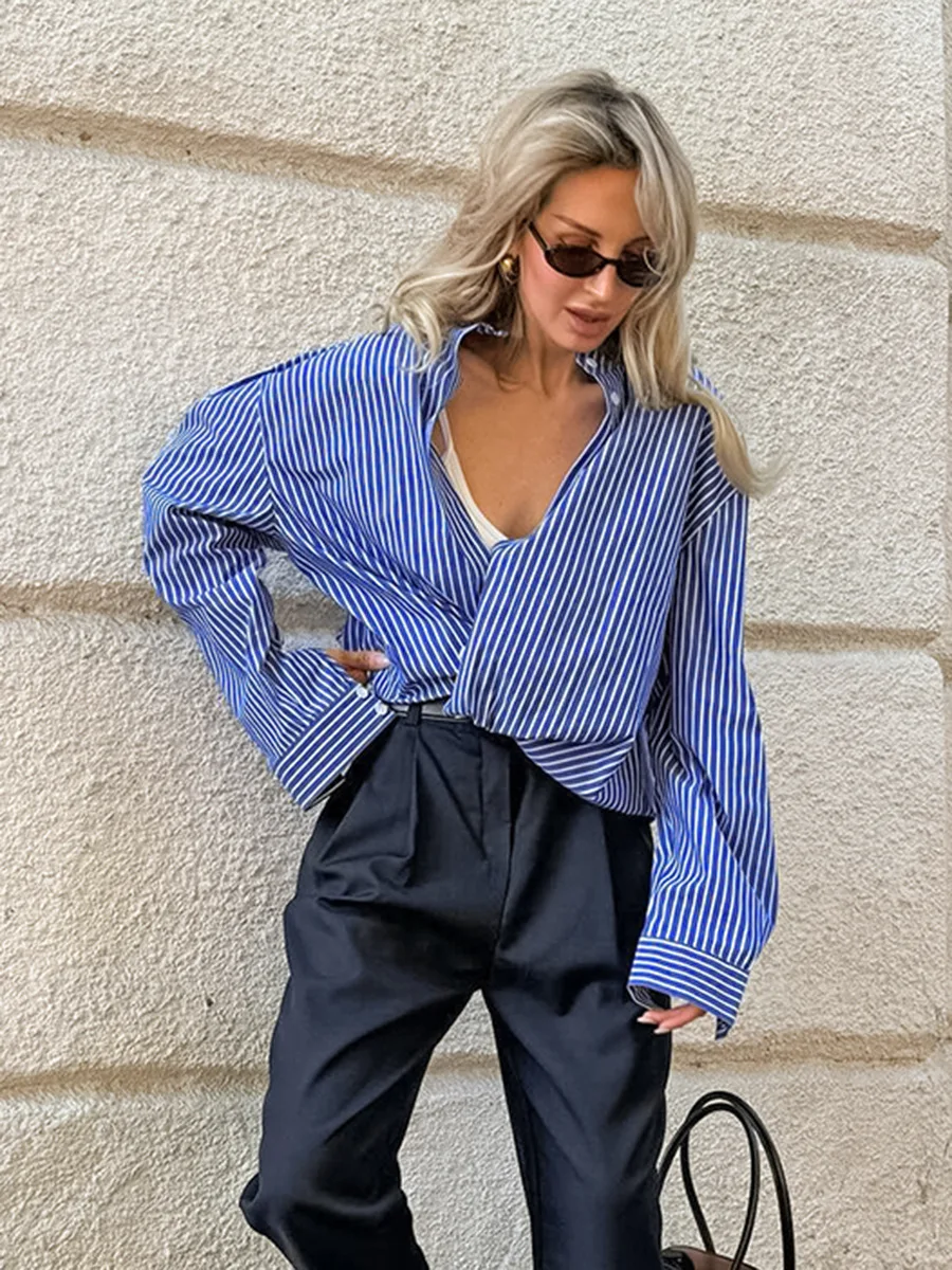 CGCBAG Casual Blue Striped Women Shirts Korean Fashion Long Sleeves Blouse Single Breasted Street Shirts Woman Clothes Top