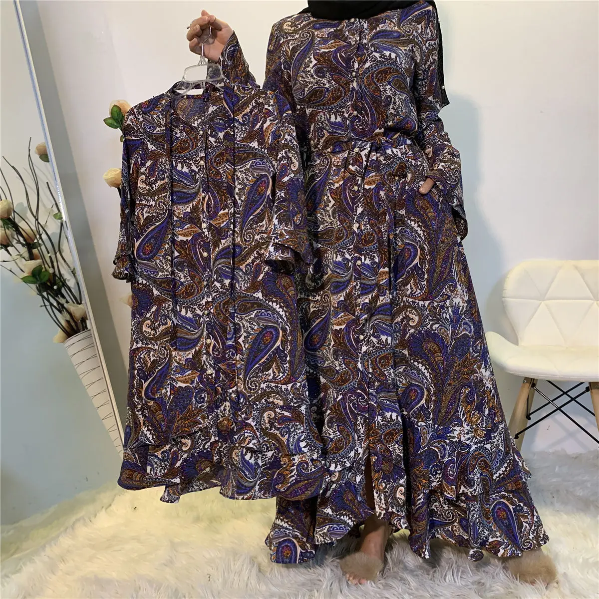 Casual Flared Long Sleeve Dress for Women Loose Muslim Printed Long Dress Single-breasted Ruffles Muslim Dress Dubai Abayas Robe