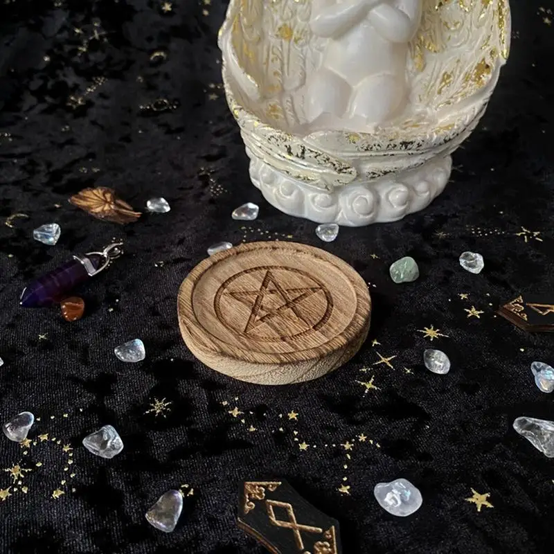 Disc Candle Holder Altar Supplies Vintage Decor Jewelry Tray Wooden Pentacle Candle Holder With Pentagram DesignFor Wiccan