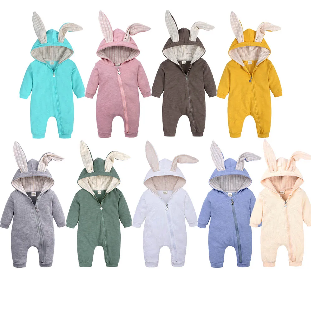 Spring Autumn Newborn Baby Boys Rabbit Cartoon Hooded Rompers Infant Jumpsuits Easter Bunny Baby Romper Zipper Newborn Clothes