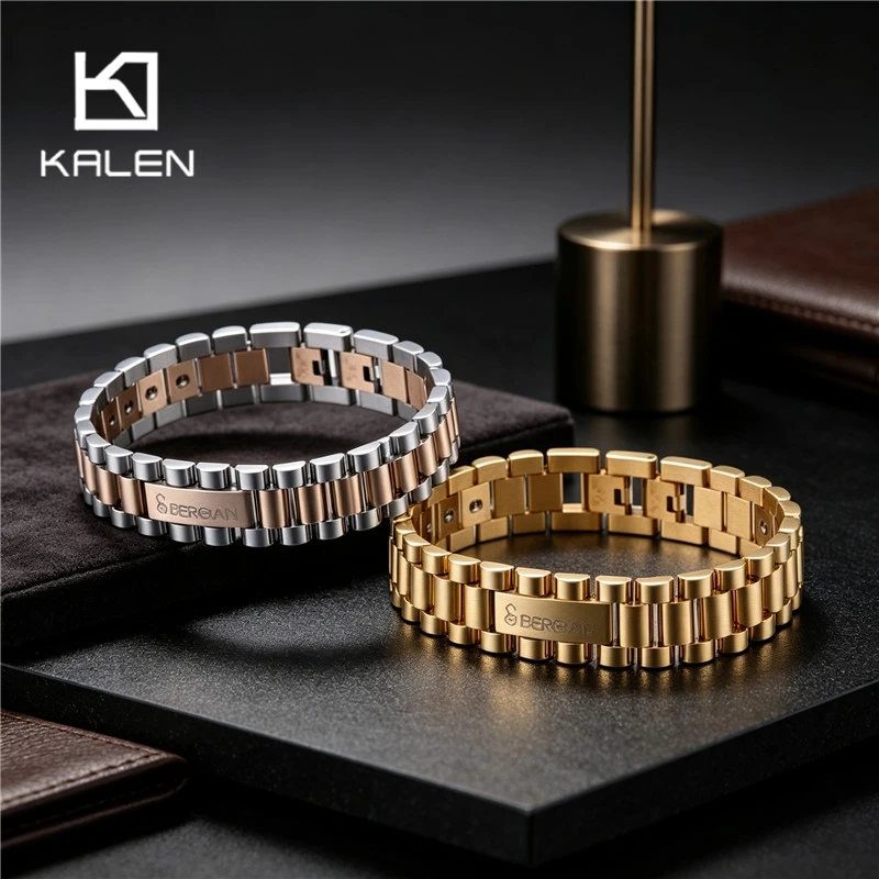 Kalen 16mm Stainless Steel Watch Link Bracelet For Men Polished Metal Chain ID Tag Jewelry Office Casual Male Hand Accessories