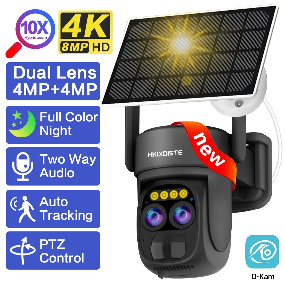 8MP Dual Lens WIFI Solar Security Camera Wireless Outdoor 4K AI Auto Tracking 10X PTZ Zoom Night Vision Security CCTV Camera