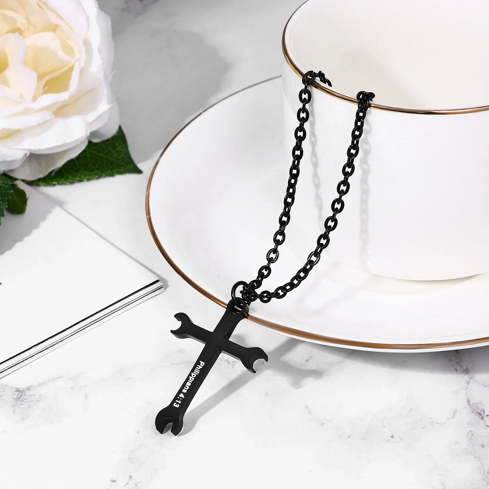 Wrench Philippians 4:13 Cross Bible Prayer Pendant Titanium Steel Necklace 22in view 7