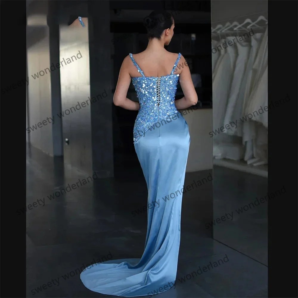 Blue Prom Dresses Women Sequins Side Slit Maxi Gown Customized Satin Wedding Party Dress Shiny bestidos de gala