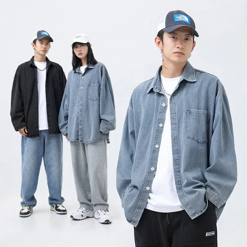 

2025 мужские джинсовые рубашки, однобортная рубашка, кардиган, однотонный отложной воротник, верхняя одежда с карманами, уличная одежда с длинным рукавом, новинка весны