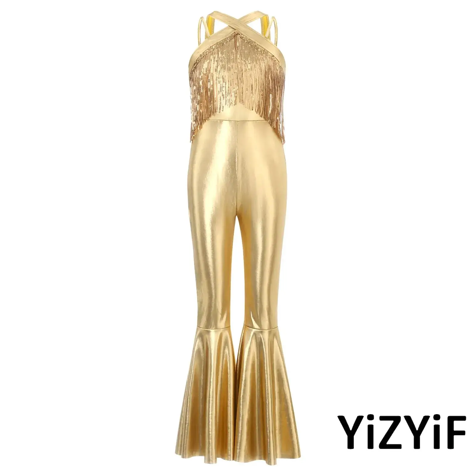 

Kids Girls Disco Jumpsuit Metallic Shiny Sequins Tassel Design Sleeveless Long Flare Pants Bodysuit for Jazz Street Dance Party