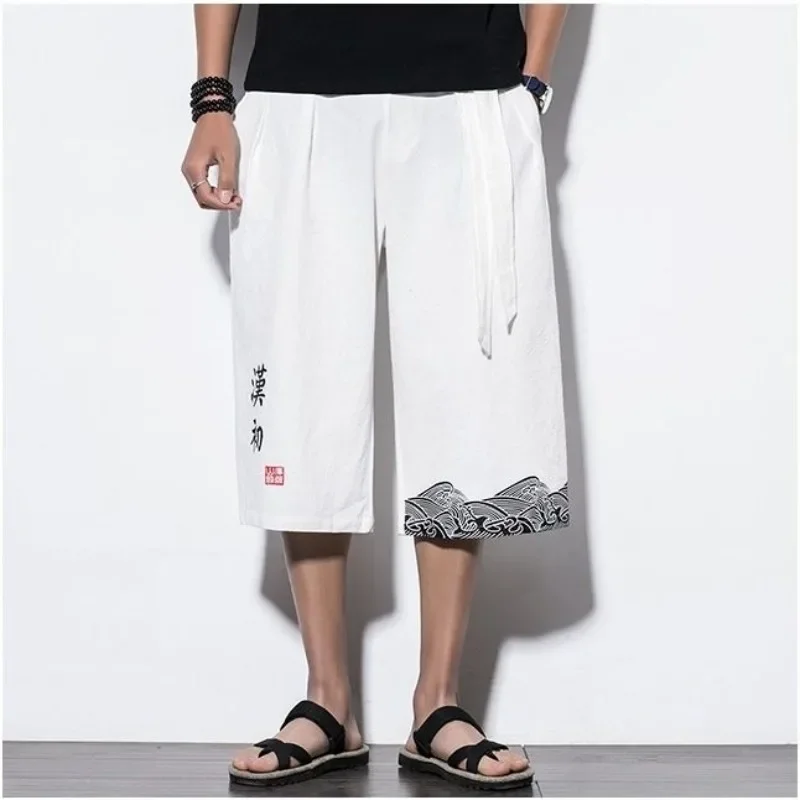 2024 Spring Japanese Linen Yukata Cropped Pants Japanese Traditional Kimono Pants for Men Asian Bath Pants Plus Size 3xl 4xl 5xl