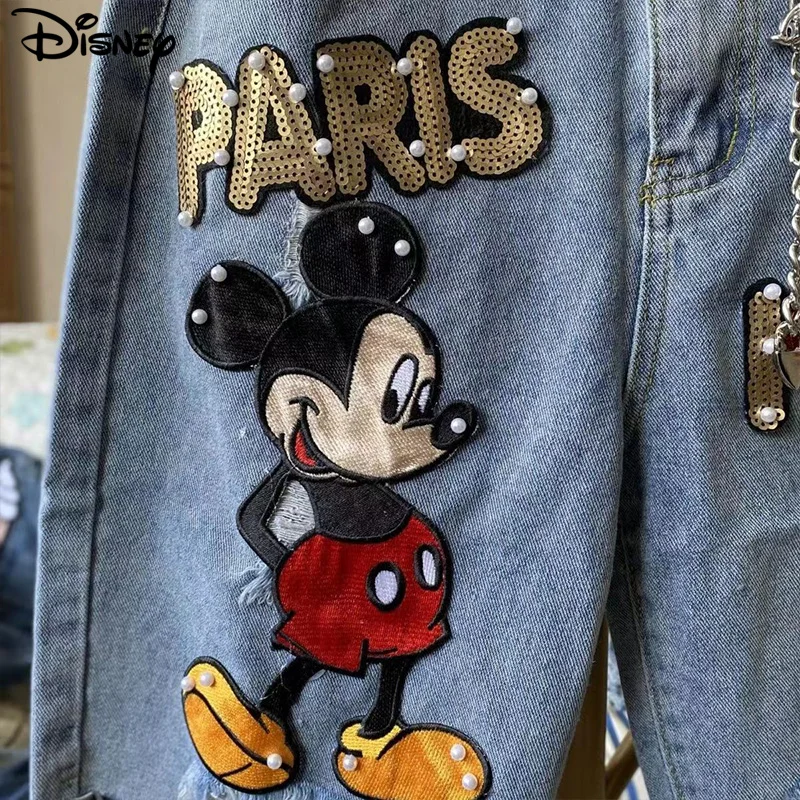 Disney New Arrival Top Fashion Cotton Women Embroidery Beading Mickey Mouse Female Summer Big Irregular Flash High Waist Short