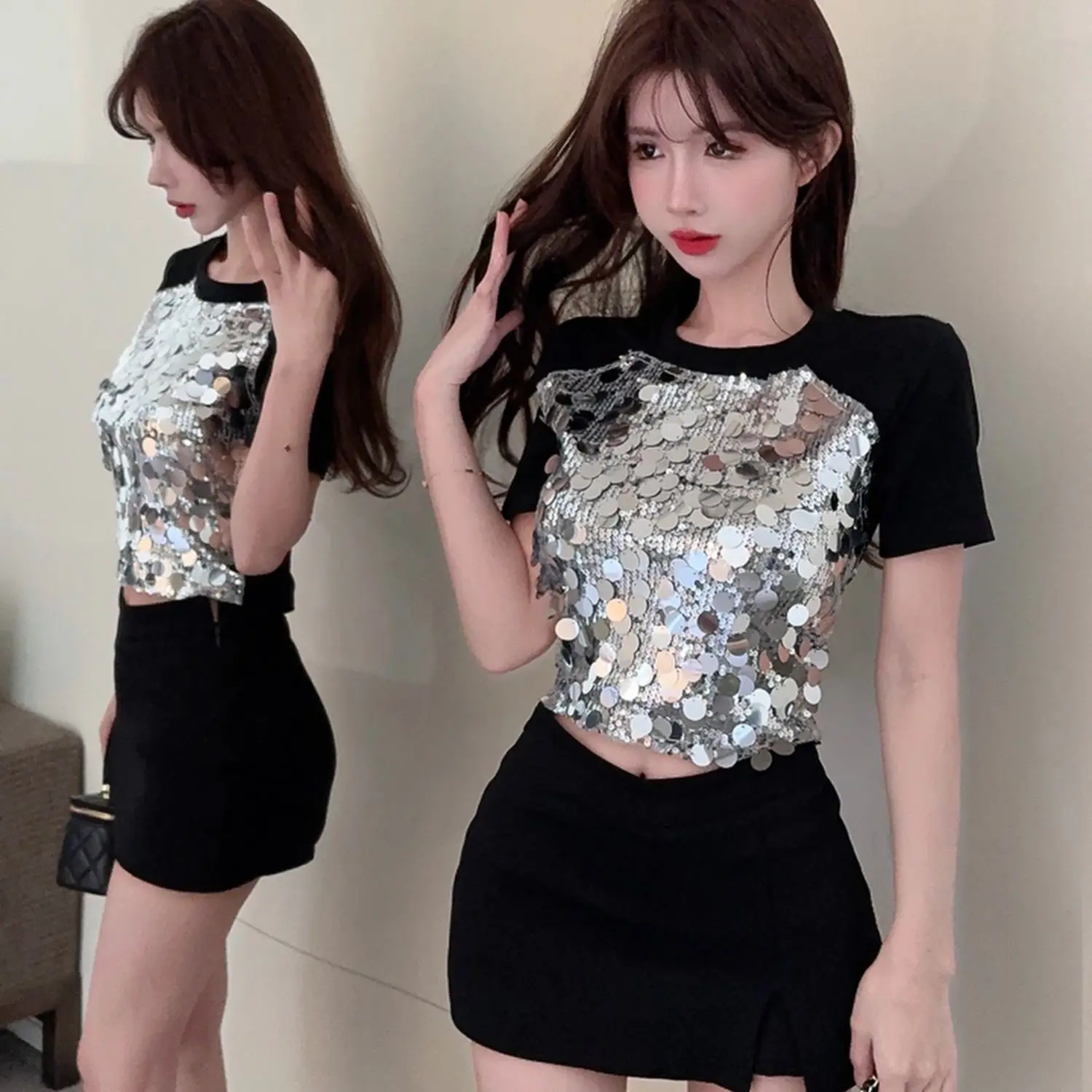 T-shirts Women Summer Slim Cropped Tops Sequined Short Sleeve Stylish K-pop All-match Attractive Charming Sexy Girls Female Chic image 4