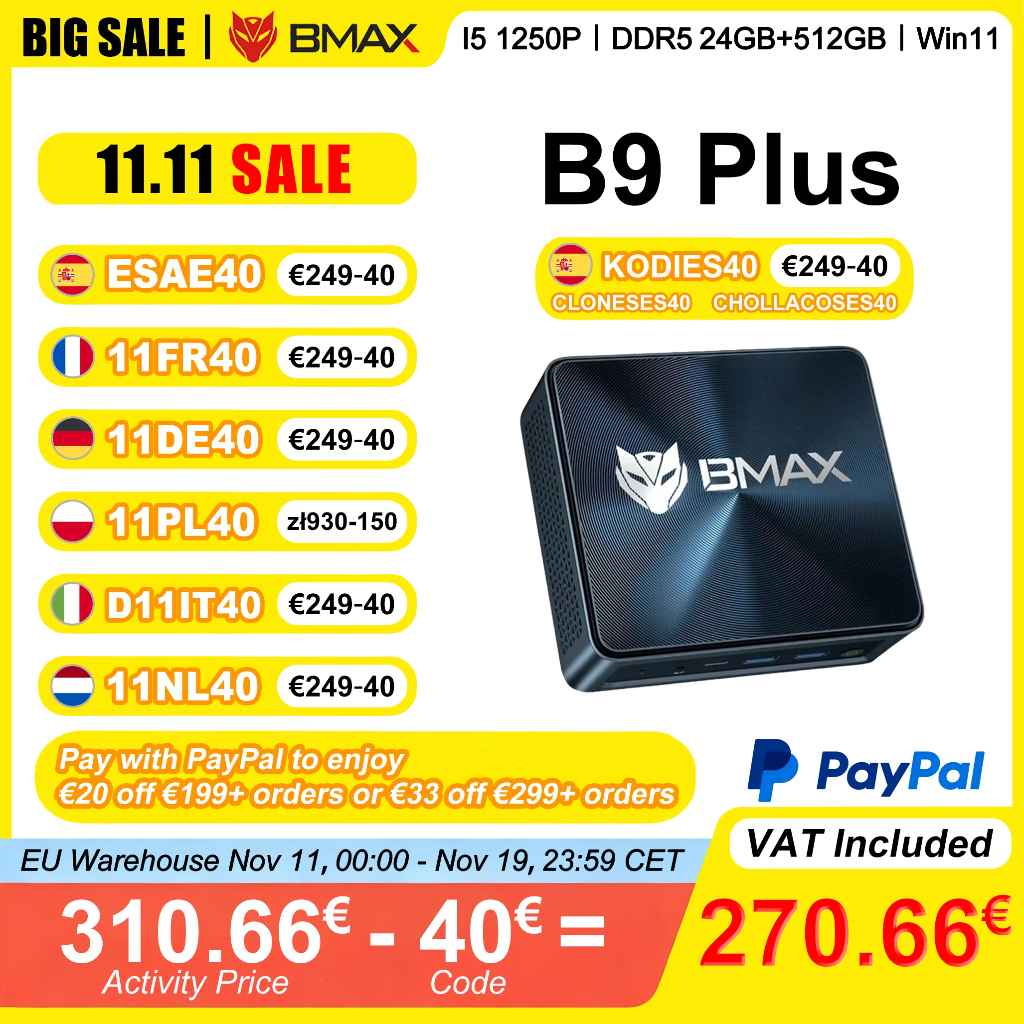 BMAX Mini PC B9 Plus 24 Go LPDDR5 RAM 512 Go SSD Intel Core i5-1250P 12 Noyaux Max 4,4 GHz WiFi 6 Bluetooth 5.2 DP HDMI 2.1