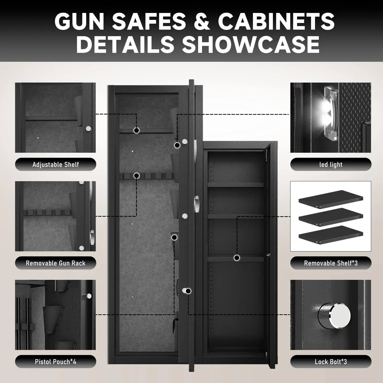 KAER 8-10 Gun Safe, Large Gun Safe for Rifles and Pistols, Quick Access Home Gun Rifle Safe and Storage Gun Cabinet with 4 Pisto