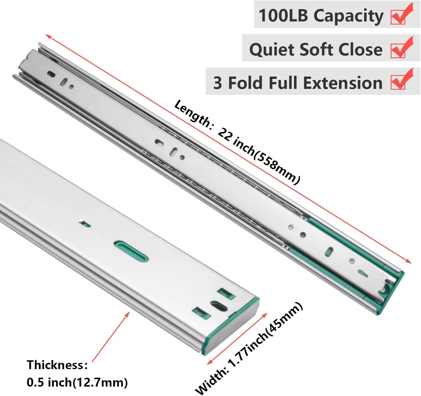 22 Inch Soft Close Side Mount Drawer Slides Full Extension 3-Section Ball Bearing Cabinet Rails 100LB Load Cold Rolled Steel Quick Release Easy Installation, 15 Pairs