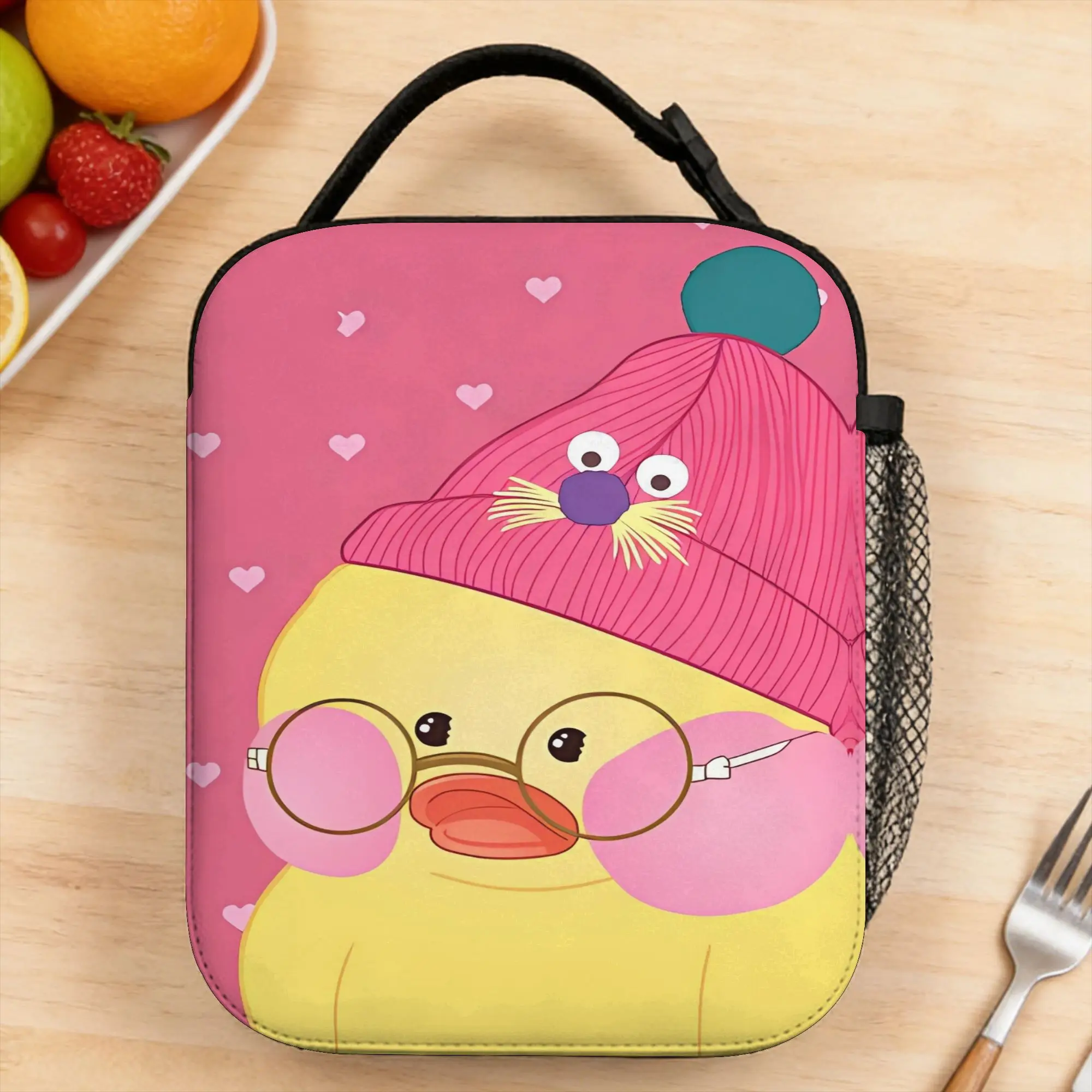 Lunch Bag Cute Yellow Duck With Knit Hat And Round Glasses Travel Lunch Box For Girl Boy  Fun Portable Print Tote Food Bags