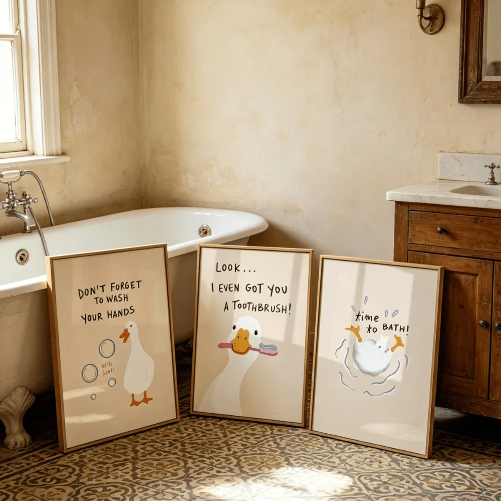 3PCS Frameless,3pcs Frameless,Duck Sanitary Quotation Canvas Print Poster,Funny Cute Animal Art Print,Used in Bathroom,Nursery H