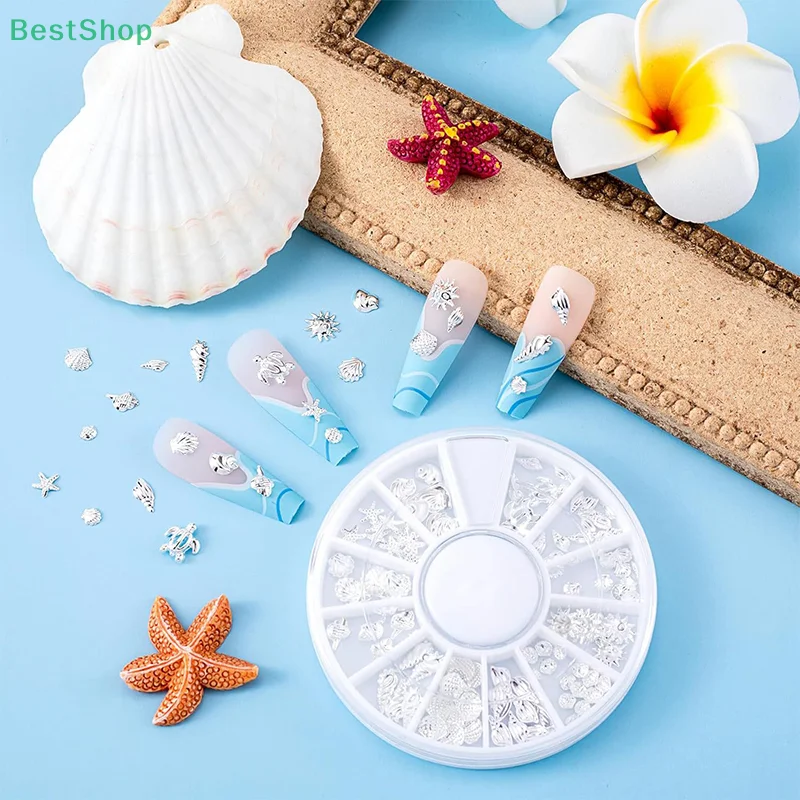 Abalorios para uñas con remaches de océano dorado 3D, 12 rejillas, caballito de mar mezclado/estrella de mar/perlas de concha/Mini cuentas de Caviar/decoración de joyería para uñas con diamantes de imitación