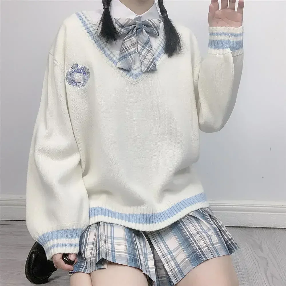 Student Knitted Pullover Tops Sweet Sweater College Uniform Female Japanese Outwear School V-neck Loose Style Korean