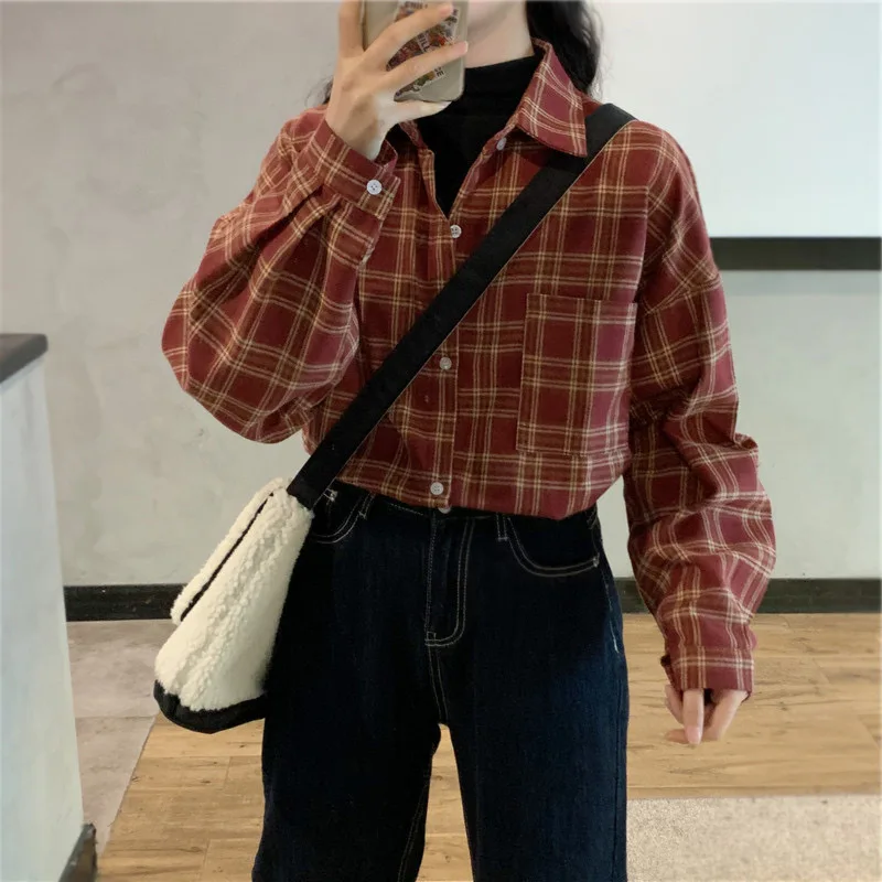 Plaid Shirts Women Summer American Style Vintage Office Lady Long Sleeves Loose Highstreet Simple Pocket Classical Tops Basics