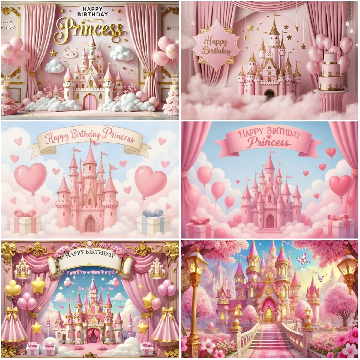 

Pink Castle Theme Photo Background Princess Girls Birthday Party Decoration Banner Spring Cherry Blossoms Photography Props Gift