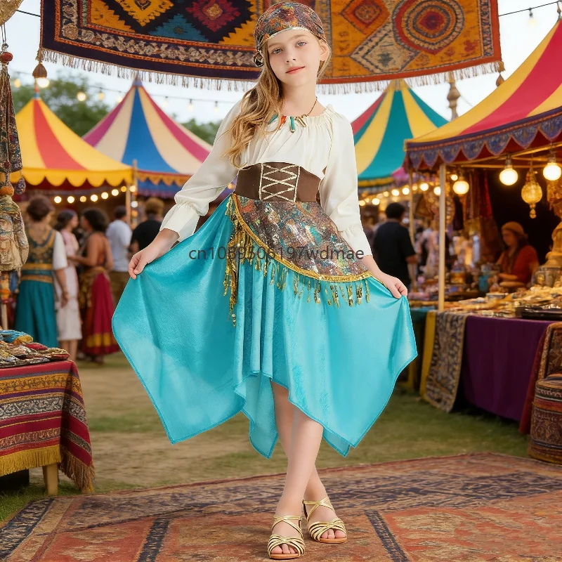 Vestido de lentejuelas con dobladillo irregular para niña, falda de baile flamenco con tirantes, disfraz de cosplay, traje de princesa para juegos de rol