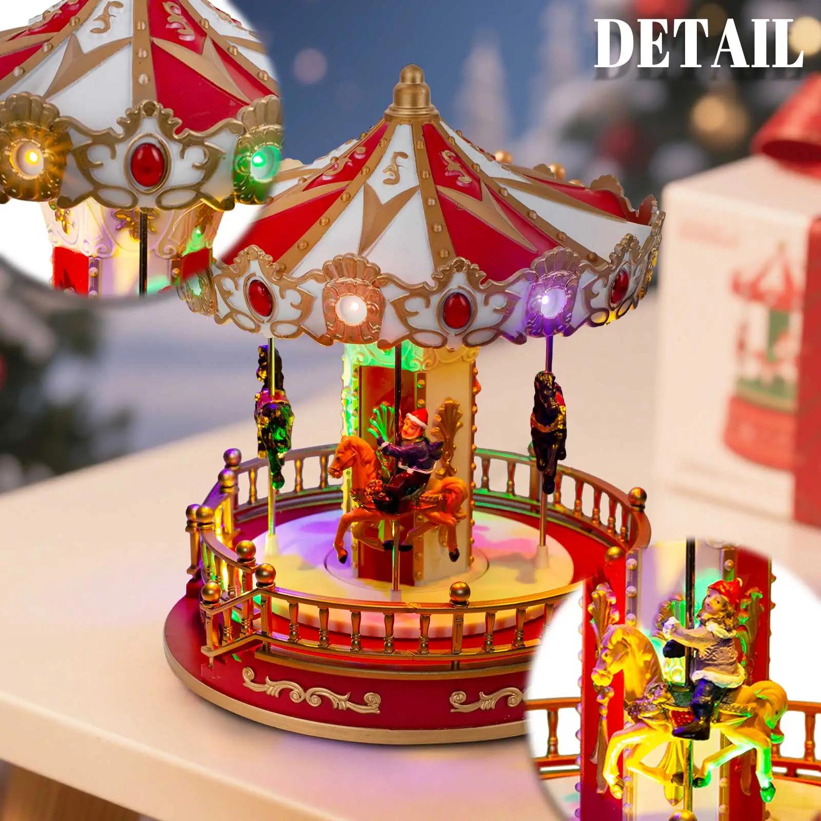 Animiertes Weihnachtskarussell mit musikalischem LED-Licht, Tischdekoration für den Innenbereich, Sammlung Dorfzubehör für die Feiertagspräsentation zu Hause – Detail 4