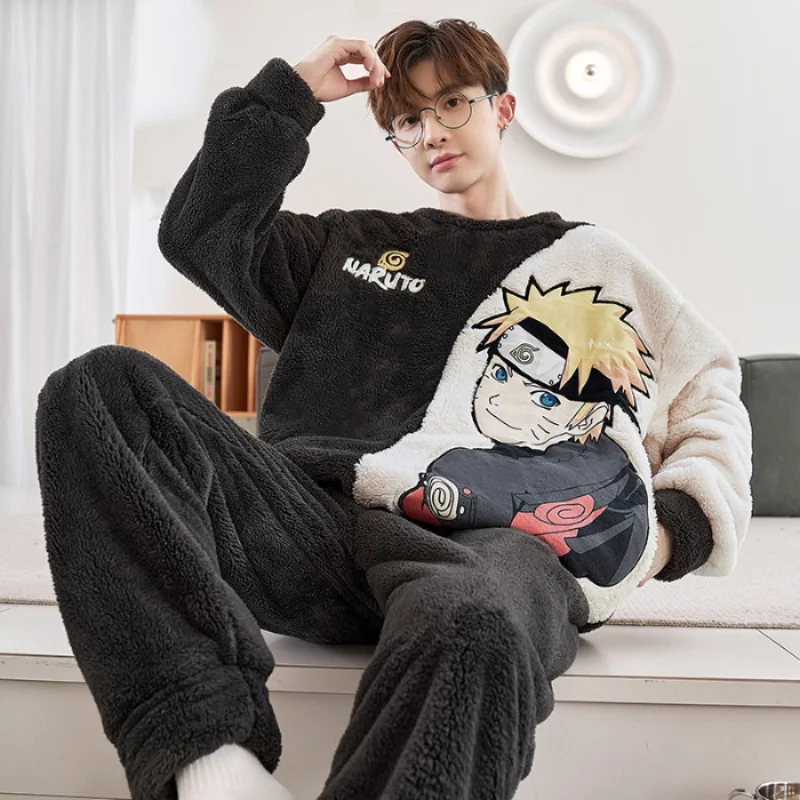 Naruto Naruto Winter Fleece Men's Warm Pajamas Thickened Long Casual Cartoon Loungewear Autumn and Winter