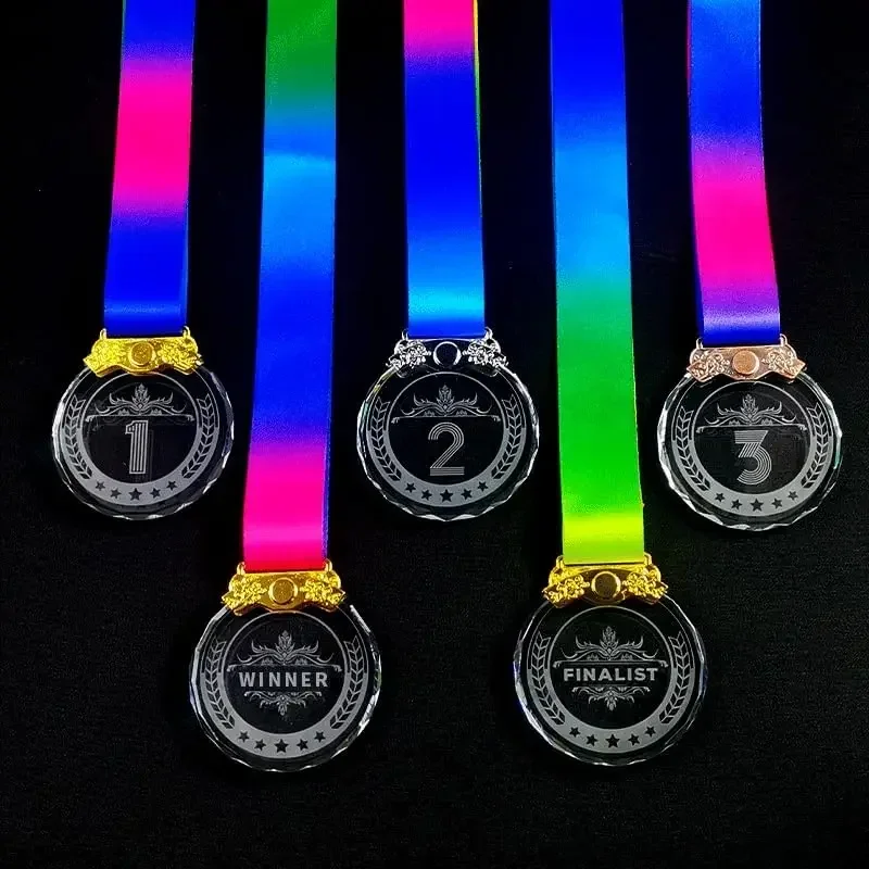 Color Printing or Laser Engraving Clear Crystal Glass Medals 1st 2nd 3rd Award Gift Box Packagin 1pcs Free Design and Make Logo