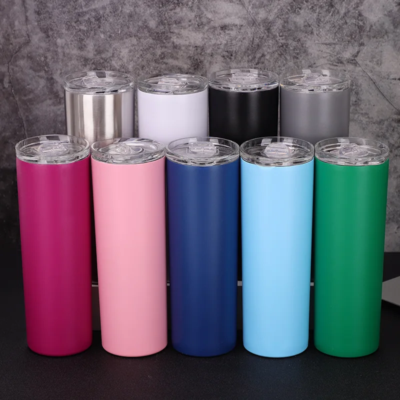 Stainless steel straight cup 20oz plastic-sprayed straw thermos cup double-layer thickened portable straight cup car cup