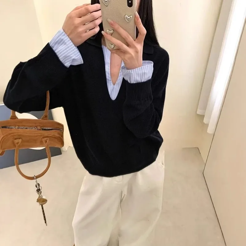Loose Casual Striped Color-blocking Pullover with A Trendy Patchwork Knitted Sweater for Early Autumn Is Fashionable Versatile.