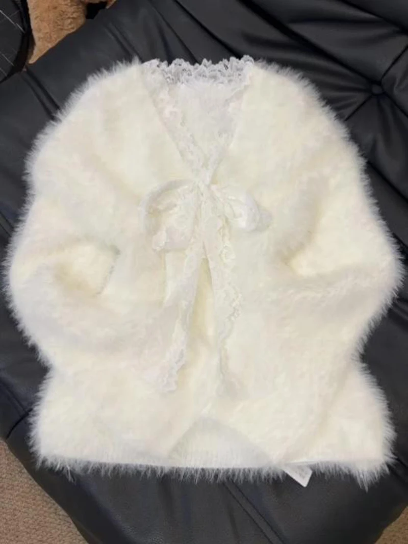 Spitze Patchwork V-ausschnitt Pullover Für Frauen Frühling Herbst Lose Faux Nerz Pelz Plüsch Weiß Top Weiche Vielseitig Warme Solide Pullover