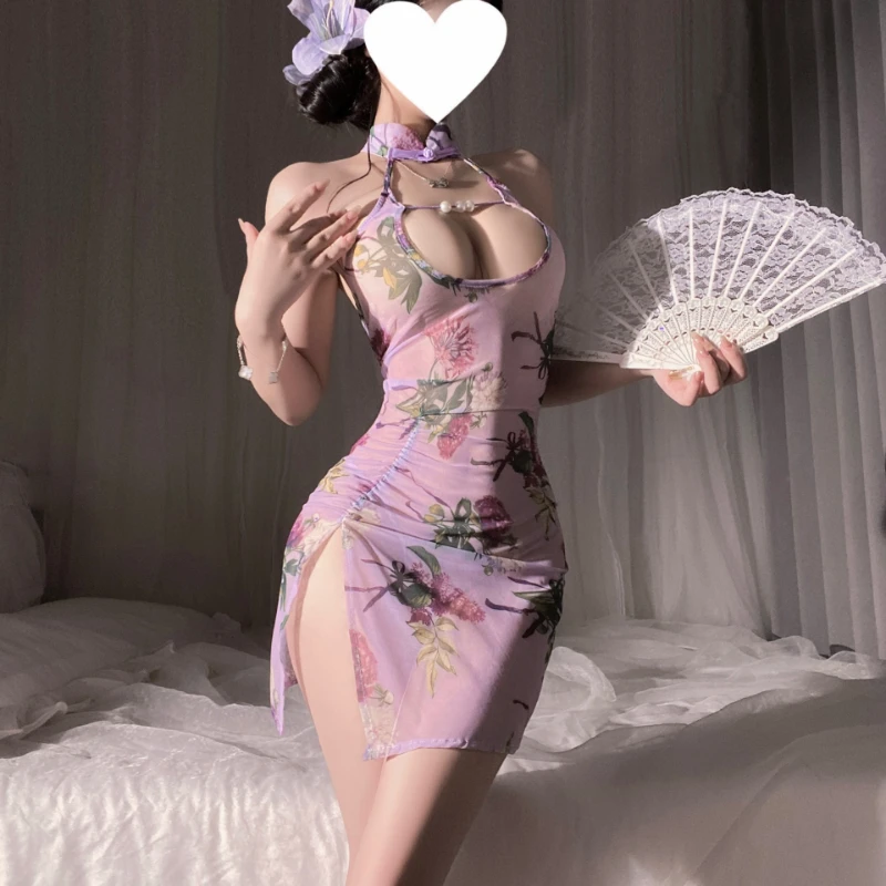 Sexy Lingerie Set Seduction Hollow Out Printed Qipao Skirt Improved Traditional Chinese Cheongsam Dress Ancient Erotic Nightwear