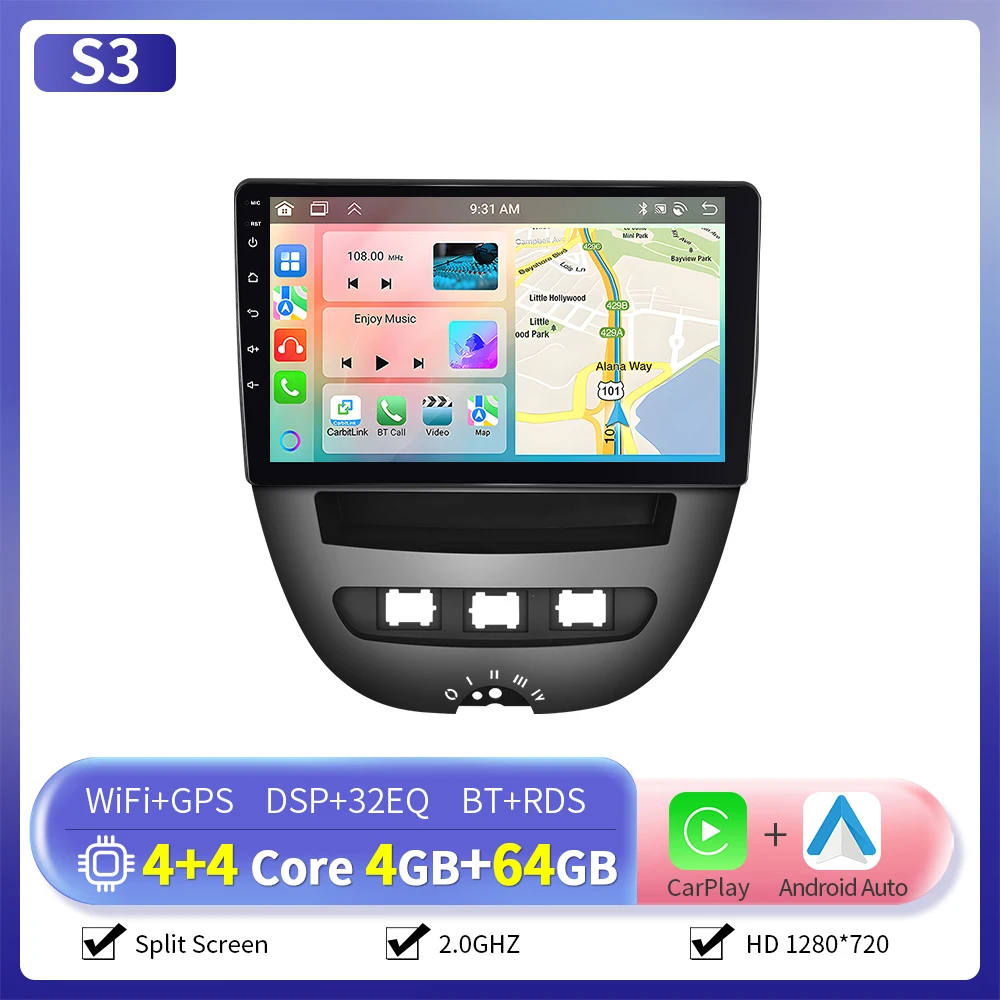 Camecho 6 + 128G CarPlay Android Auto Radio voor Toyota Aygo 2004-2014/PEUGEOT 107/Citroën C1 Multimedia Speler GPS Stereo WIFI