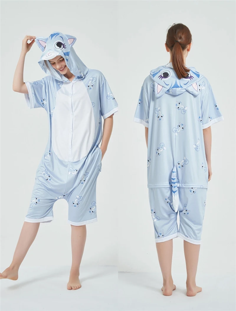 Short Sleeve Cartoon Jumpsuit Adult Children One-Piece Pajamas Sleepwear Summer Onesies Halloween Cosplay Costumes Loungewear