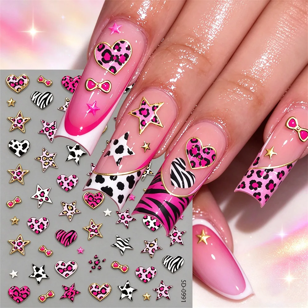1Pc Girly Punk Nail Sticker Leopard Star Heart Bow Gold Print Self-Adhesive Embossed Decals for Home DIY Nail Art Studio Use