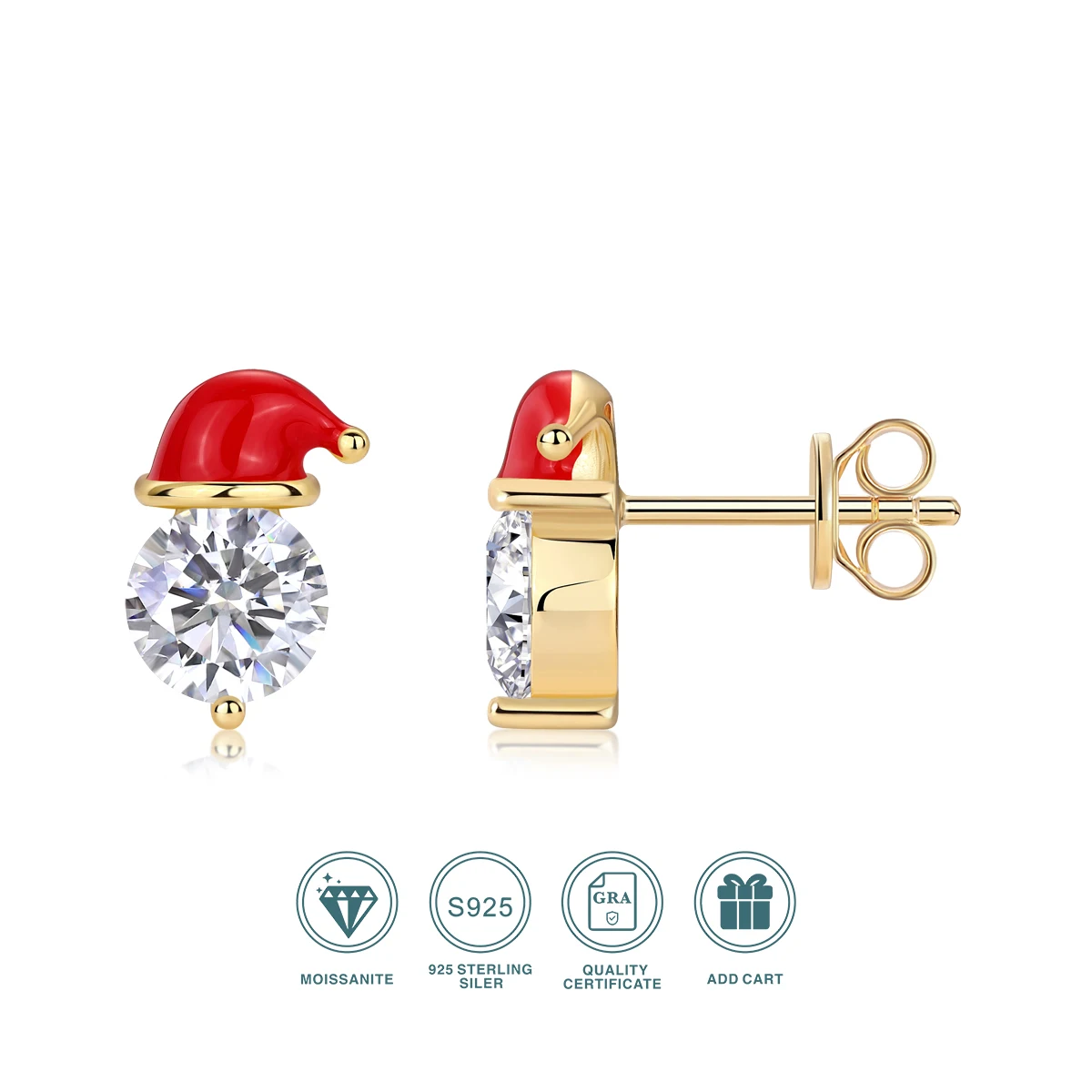 

Золотые серьги-гвоздики JIUZUAN Santa Hat, позолота 18 карат с сверкающим муассанитом — идеальный рождественский подарок, праздничные праздничные украшения