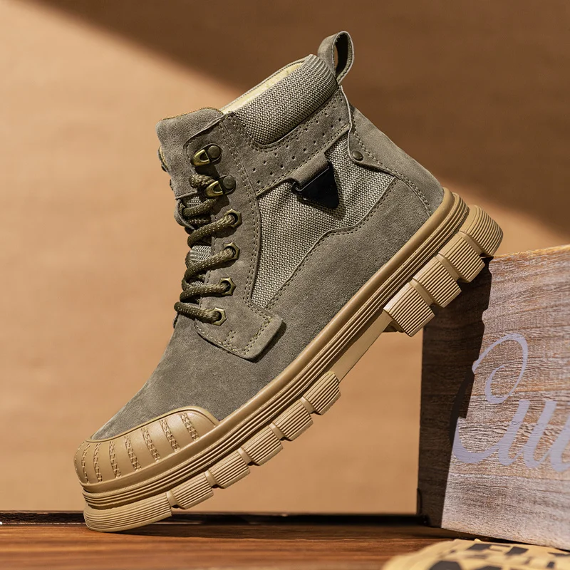 

Brown Genuine Leather Men's Boots Brand Men New Arrival Walking Boots Men's Ankle Boots Lace-Up Outdoor High Top Non Slip Casual