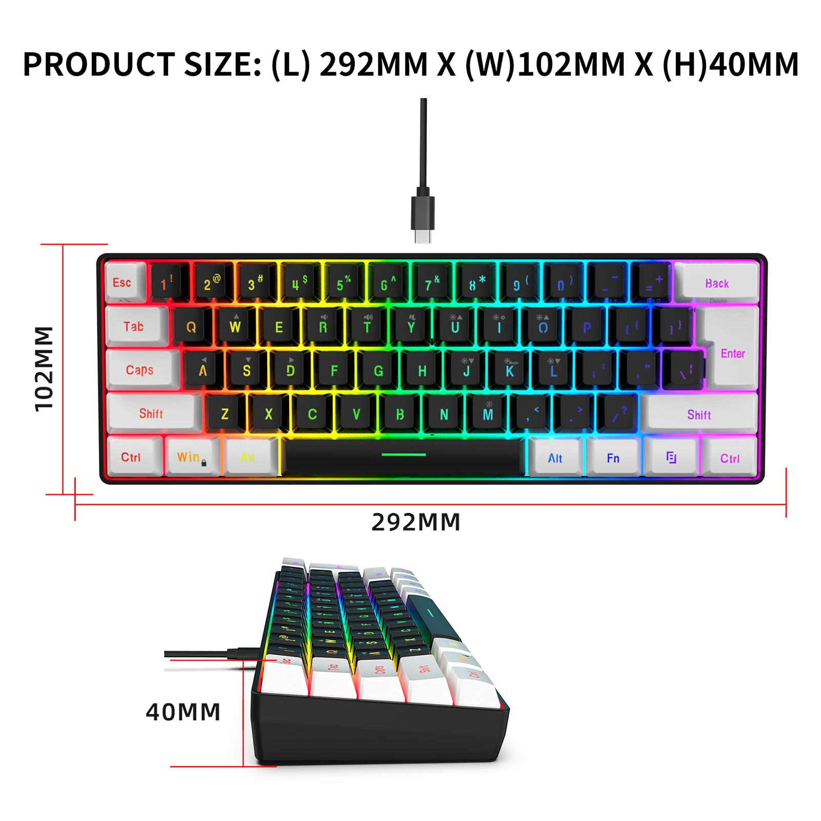 HXSJ-Kit clavier et souris USB de jeu, 61 touches, rétroéclairage RVB, éclairage LED coloré, 3200 ug I, V700BW, A869