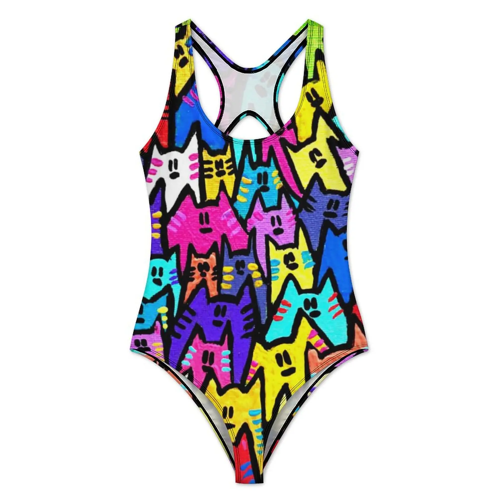 Funny Cat Swimsuit Colorful Cats Pop Art Swimwear One-Piece Fitness Bodysuit Cut Out Bathing Suits Ladies Push Up Sexy Beachwear