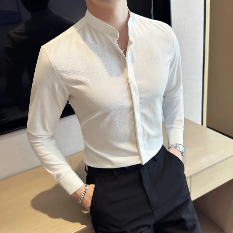 Brand 2023 New Fashion Stand Collar Solid Slim Fit Shirts Mens Casual Luxury Long Sleeve Party Wedding Business Dress Shirts