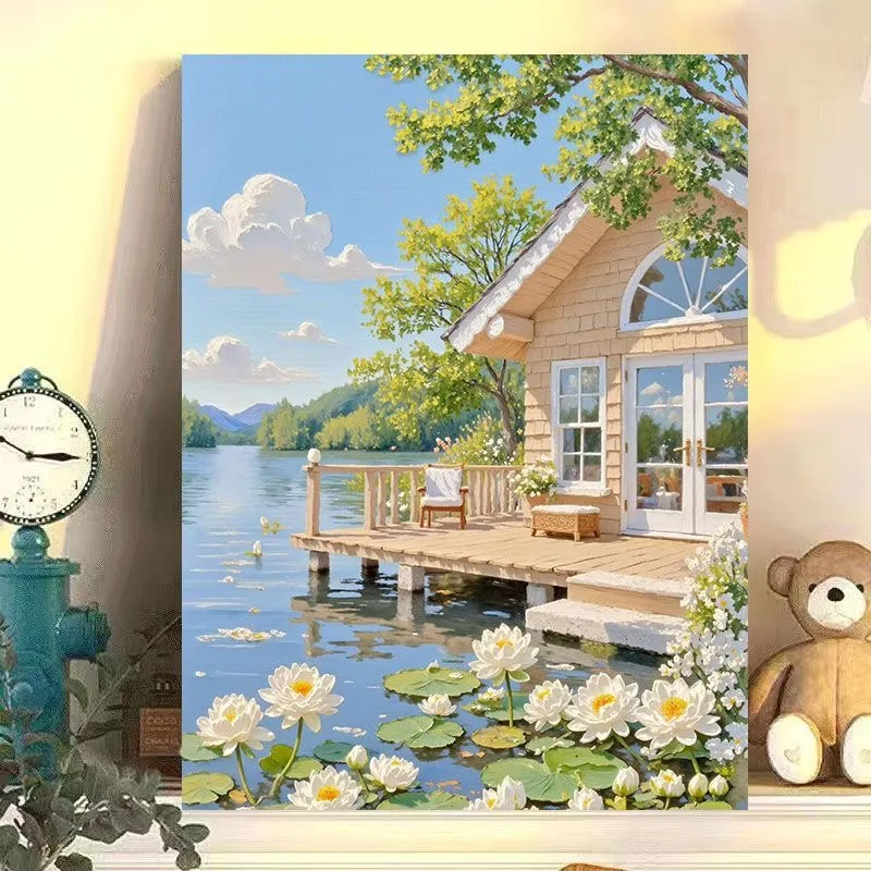 

A-0189 Mountain Lake Reflection Oil Painting Calm Water Landscape Decor