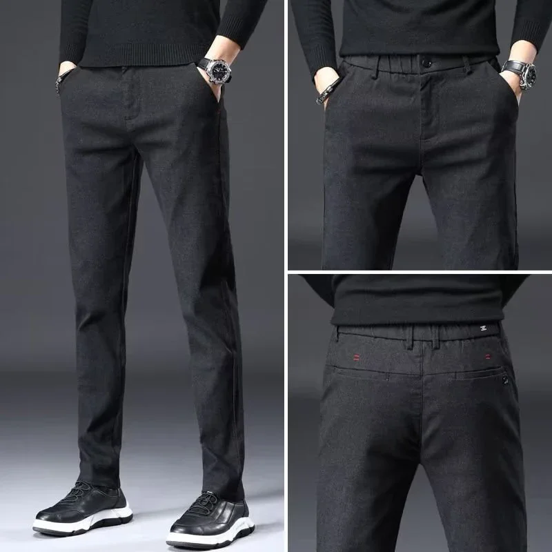 Autumn Winter Men\'s High Quality Brand Business Casual Pants Straight Leg Narrow Leg Fleece Thermal Elastic Waist Trousers Male