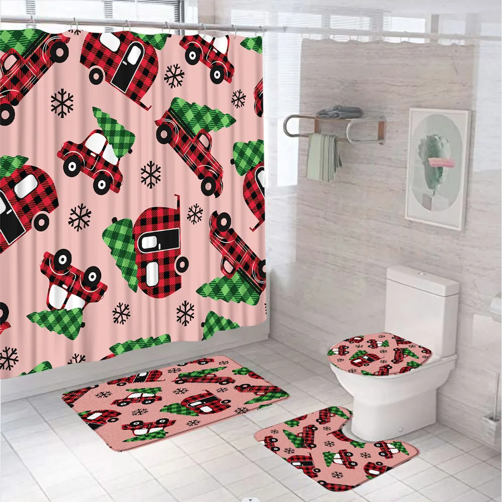 

Merry Christmas Farm Truck Bathroom Set with Shower Curtain Rug Bath Mat Lid Toilet Cover Xmas Tree Buffalo Plaid Bath Curtains