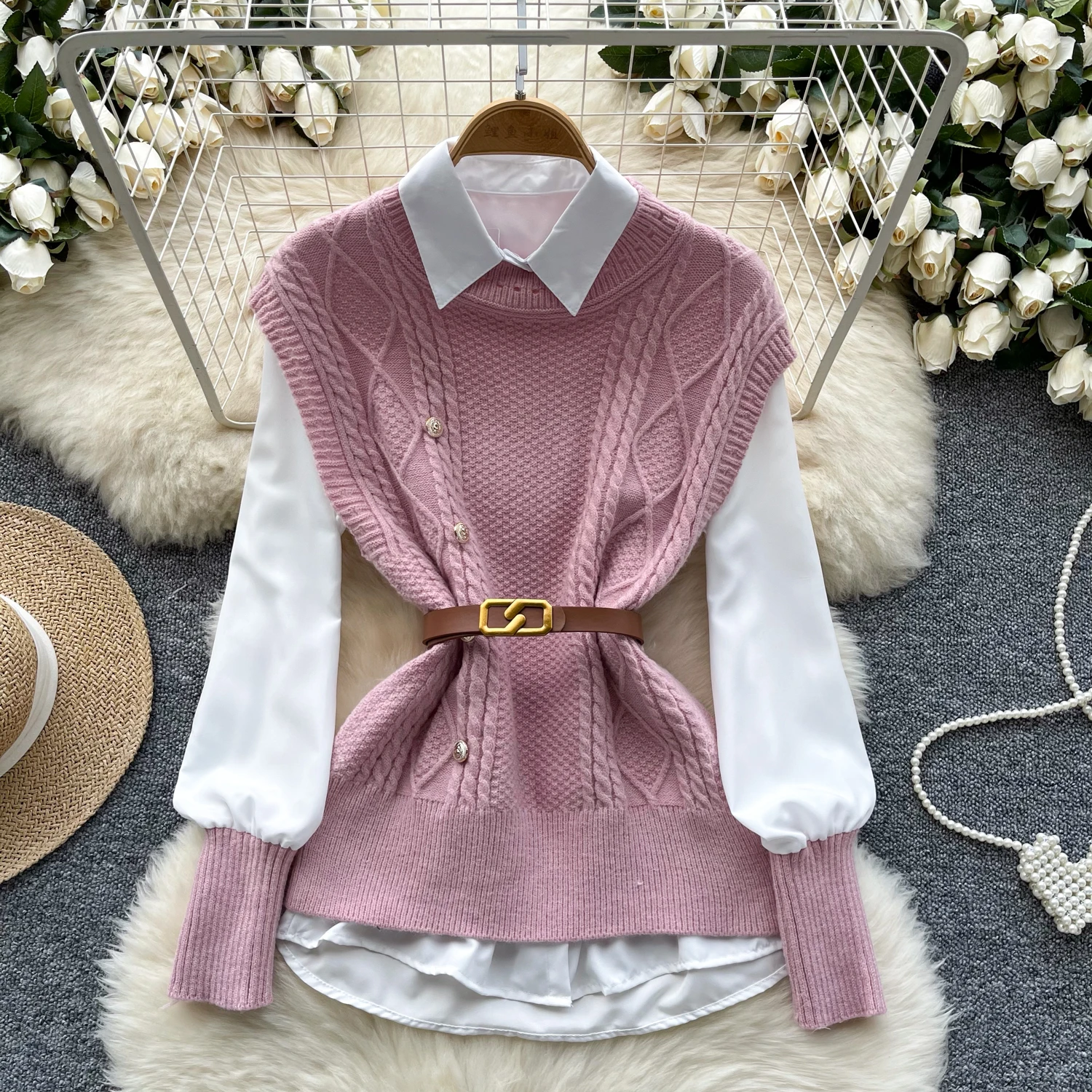 Autumn New Fashion Stacked Shirt Two Piece Set Women\'s Outfits Casual White Blouse and Knitted Pullover Vest Tops Suits Female